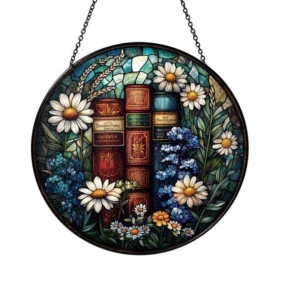 Library Shelf with Flowers Window Hanging – Decorative Glass Art ...