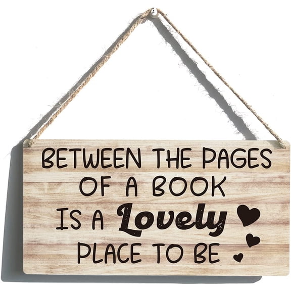 Library Sign Funny Farmhouse Between The Pages Of a Book Wooden Hanging Sign Plaque Rustic Wall Art Decor Home Decoration 10x5 Inch