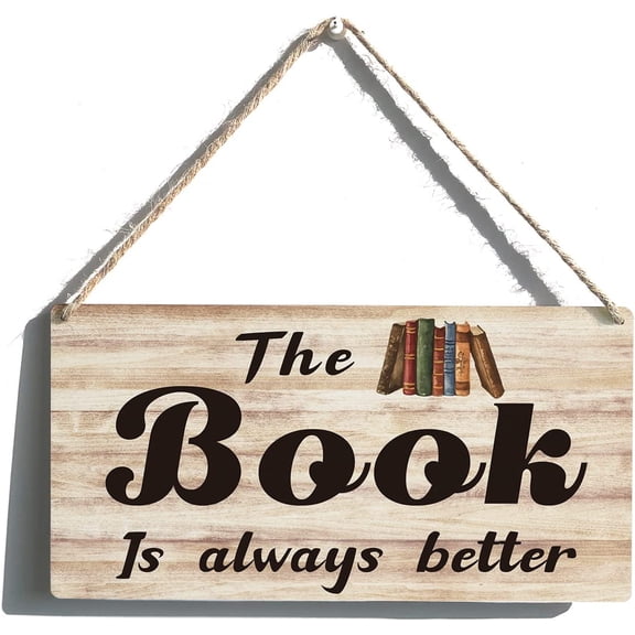 Library Sign Funny Farmhouse the Book is Always Better Wooden Hanging Sign Plaque Rustic Wall Art Decor for Home Decoration 10x5 Inch
