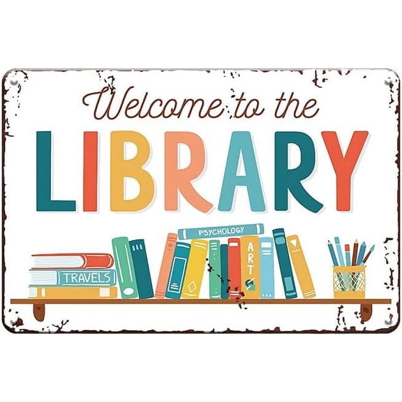 Library Sign - Welcome to The Library, Metal Welcome Sign for Home Library, Reading Corner, School, Book Store Wall Decor Art Accessories, Gifts for Reading Lover, 12 x 8 inch