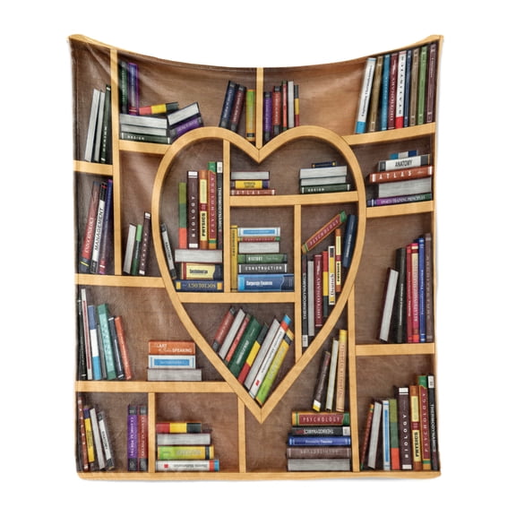 Library Soft Flannel Fleece Throw Blanket, Digital Drawn Love Education Concept Wooden Bookshelves Shape as Heart Print, Cozy Plush for Indoor and Outdoor Use, 50" x 60", Multicolor, by Ambesonne
