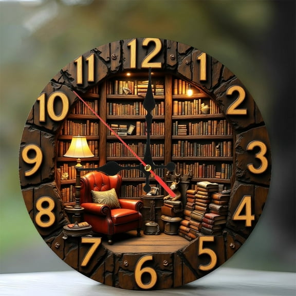 Library Study Room Decor Wall Clock 10-Inch Silent Wooden Wall Clock, Battery Operated (AA Batteries Not Included), Artistic Home Decor