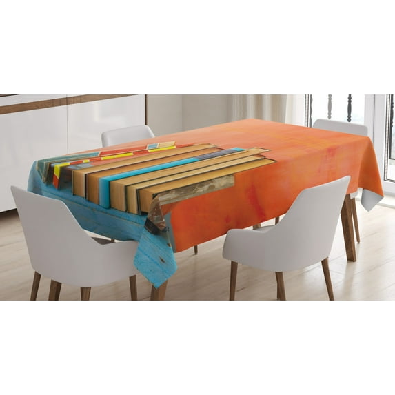 Library Tablecloth, Grunge Painted Backdrop Photo with Row of Old Vintage Books on Wooden Shelf Print, Rectangular Table Cover for Dining Room Kitchen, 60" X 84",Multicolor, by Ambesonne