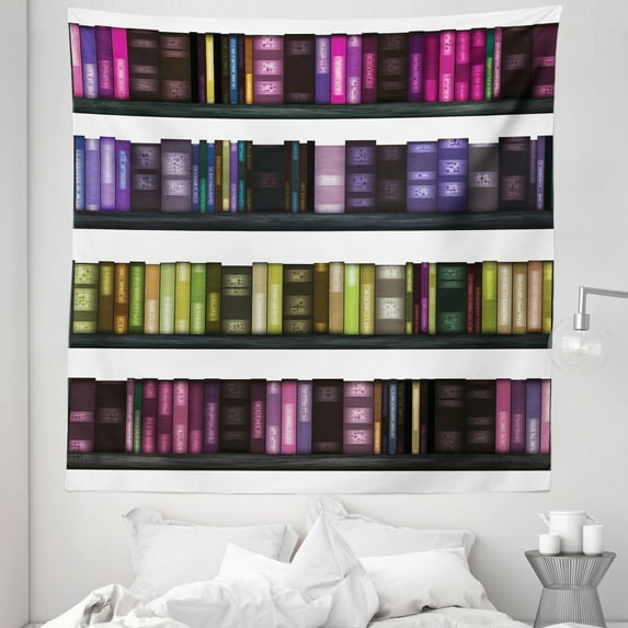 Library Tapestry, Digitally Illustrated Shelves with Colorful Books Monotone Order Knowladge Themed, Fabric Wall Hanging Decor for Bedroom Living Room Dorm, 5 Sizes, Multicolor, by Ambesonne