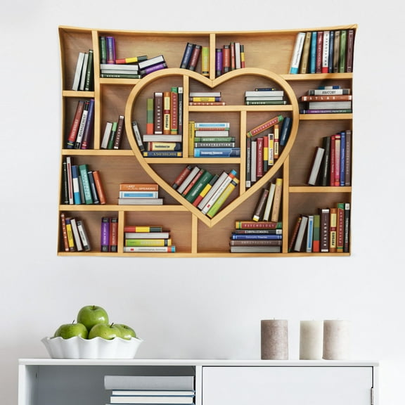 Library Tapestry, Interior Scene with Bookshelves on Wall Full of Books Reading Time Theme Graphic, Fabric Wall Hanging Decor for Bedroom Living Room Dorm, 2 Sizes, Multicolor, by Ambesonne