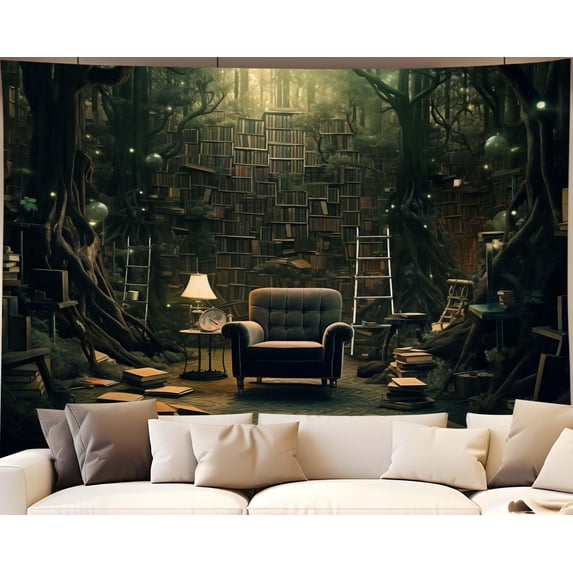 Library Tapestry Misty Witchy Fantasy Forest Wall Tapestry Big Book Tree House Medieval Tapestries for Study Room Bedroom Home Wall Art 60x50in