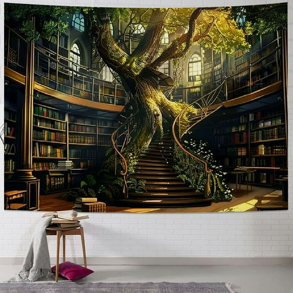 Library Tapestry Retro Bookshelf Gothic Medieval Room for Study Magic Green Tree Forest Castle Wall Hanging Art Home Decor for Living Room Bedroom Dorm