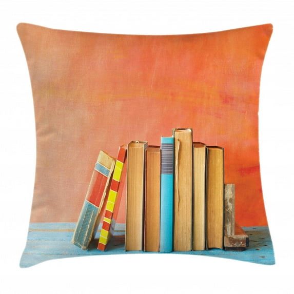 Library Throw Pillow Cushion Cover, Grunge Painted Backdrop Photo with Row of Old Vintage Books on Wooden Shelf Print, Decorative Square Accent Pillow Case, 20" X 20", Multicolor, by Ambesonne