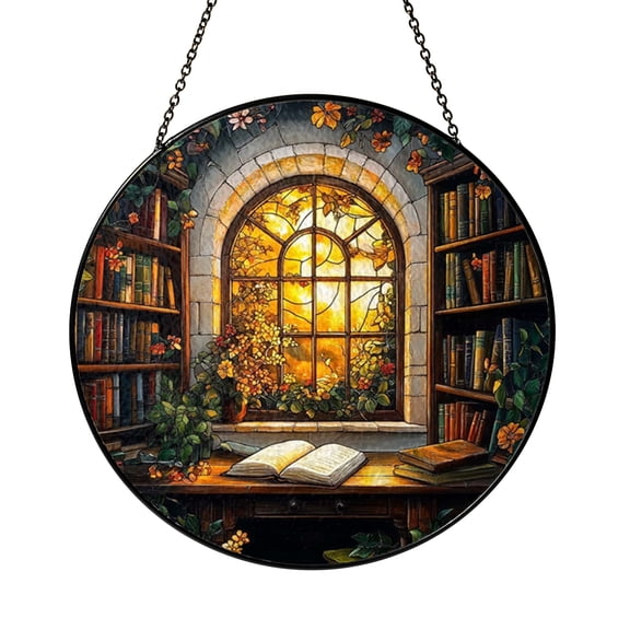 Library Window Reading Nook Stained Glass Suncatcher, Cozy Book Shelf Floral Arch Home Decor