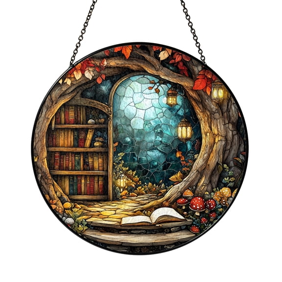 Library scene window suncatcher, lantern and mushroom stained style panel for literary homes