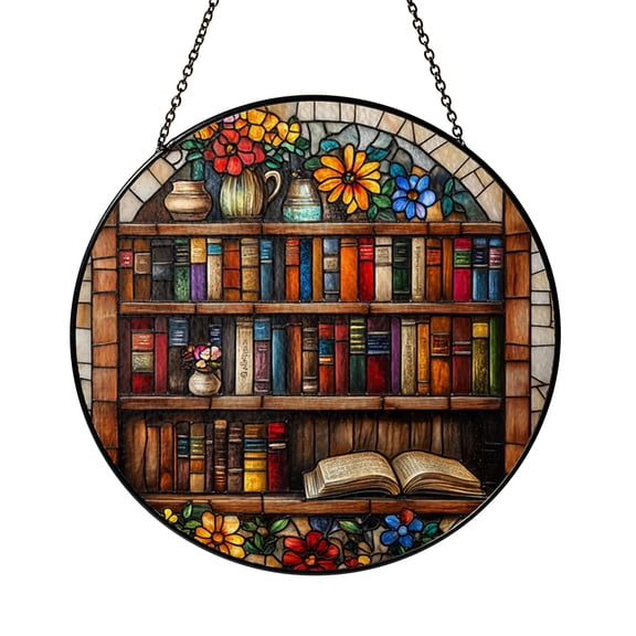 Library themed window hanging with books, playful decor piece for reading corners