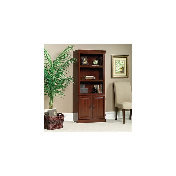 Library with Doors - 5 Shelf Bookcase - Cherry Finish Storage Cabinet