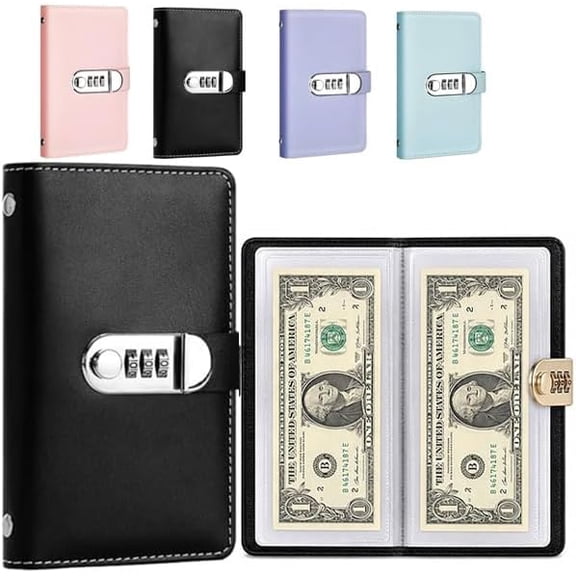 Libro para Ahorrar Dinero, Lockable Savings Notebook with 100 Transparent Cash Pockets, PU Leather Money Saving Binder with Password Lock, Budget Organizer,(Black)