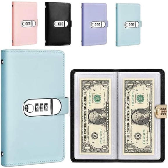 Libro para Ahorrar Dinero, Lockable Savings Notebook with 100 Transparent Cash Pockets, PU Leather Money Saving Binder with Password Lock, Budget Organizer,(Blue)