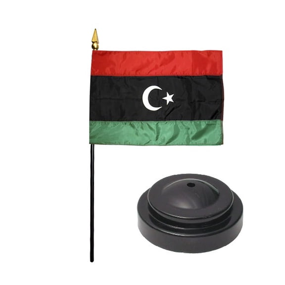 Libya Desk Flag with Base; American Made Rayon 4x6 inch Miniature Table Set Includes One Small Mini Country Stick Flags and One Black Stand (Libya Desk Flag and Base)