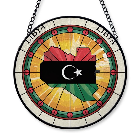 Libya Travel Decor Suncatcher Stained Glass Window Hanging, Gift for Traveller, Collection of Country Travel Souvenirs for Family and Friends, Libya Map and Flag Décor