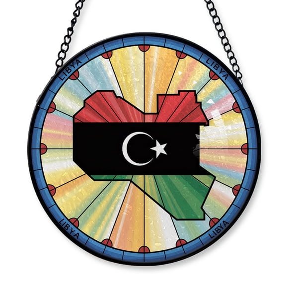 Libya Travel Decor Suncatcher Stained Glass Window Hanging, Gift for Traveller, Collection of Country Travel Souvenirs for Family and Friends, Libya Map and Flag Décor
