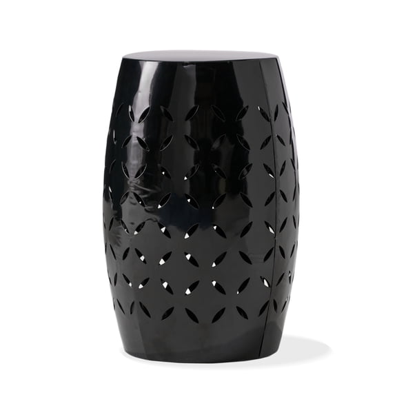 Lica Patio Side End Table, Barrel Shaped Lace Cut, 12 Inch Black Iron