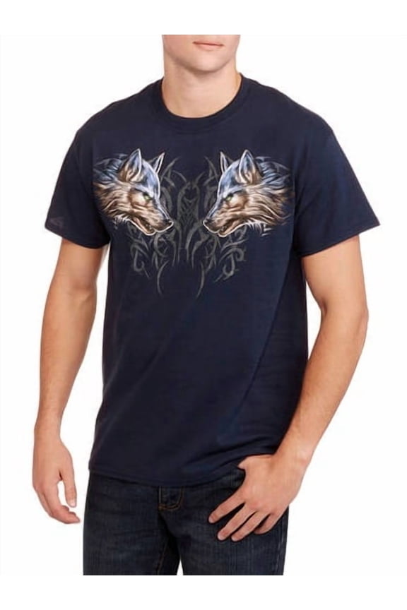 Men's Tribal Pattern Snarling Wolves Navy Relaxed Fit Short Sleeve Graphic T-Shirt