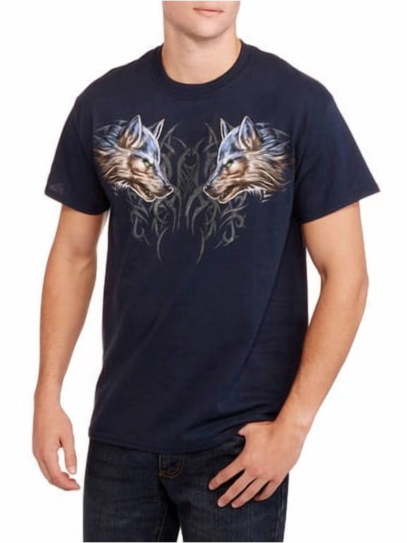 Men's Tribal Pattern Snarling Wolves Navy Relaxed Fit Short Sleeve Graphic T-Shirt