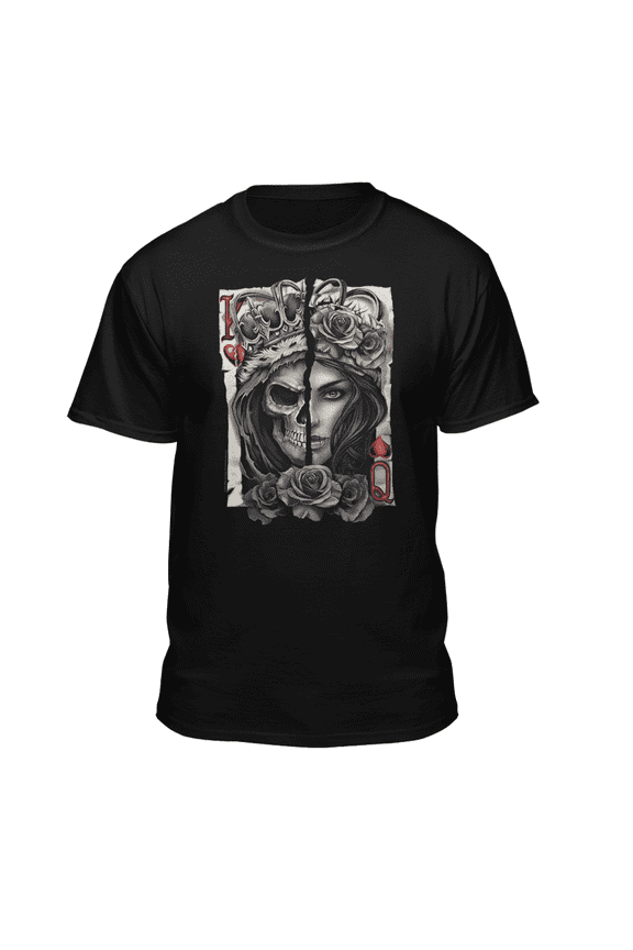 Men's Playing Card Split Skeleton King Queen of Hearts Black Relaxed Fit Short Sleeve Graphic T-Shirt