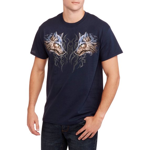 Teelocity Men's Tribal Pattern Snarling Wolves Navy Relaxed Fit Short Sleeve Graphic T-Shirt