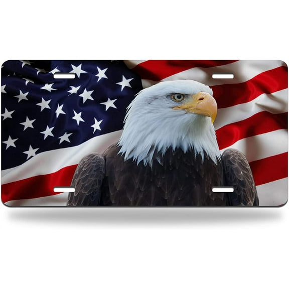 License Plate The American Flag with Bald Eagle Aluminum Metal Car Tag United States National Patriotic Symbol USA Flag White Wildlife Durable Automotive Front Plate 6 X 12 Inch
