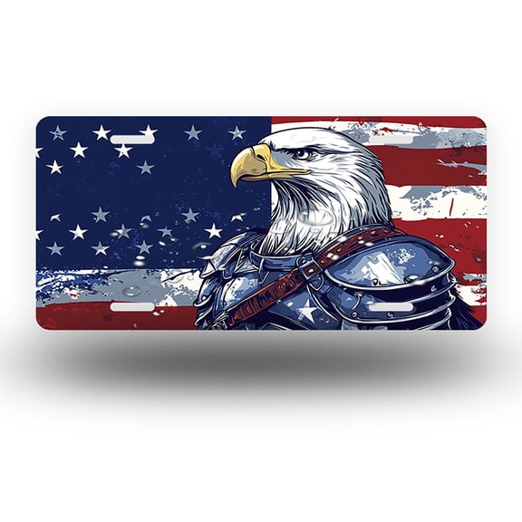License Plate,Armored Eagle with Flag Decorative Front,Personalized Stainless Steel License Plate Cover For Men Women,12.2" X 6.2"