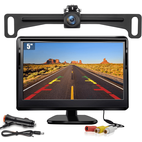 License Plate Backup Camera with 5in Monitor, 170 Degree Wide Angle DIY Grid Lines Waterproof Reverse Rear View Camera Systems for Truck Car Trailer SUV