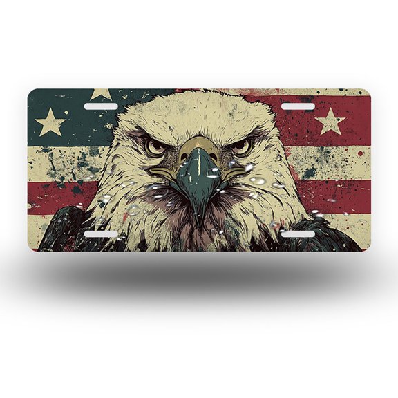 License Plate,Bald Eagle with Grunge American Flag Decorative Front,Personalized Stainless Steel License Plate Cover For Men Women,12.2" X 6.2"
