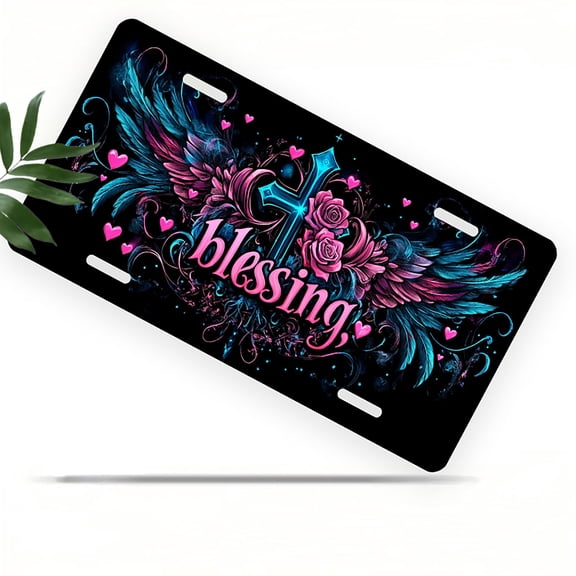 License Plate, Blessing with Wings and Roses Decorative Front,Personalized Stainless Steel License Plate Cover For Men Women,12.2" X 6.2"