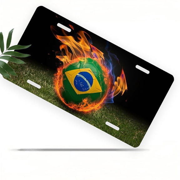License Plate, Brazil themed Flaming Soccer Ball Decorative Front,Personalized Stainless Steel License Plate Cover For Men Women,12.2" X 6.2"