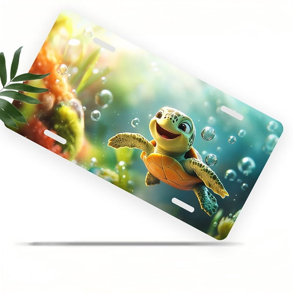 License Plate, Cheerful Sea turtle Decorative Front,Personalized Stainless Steel License Plate Cover For Men Women,12.2" X 6.2"