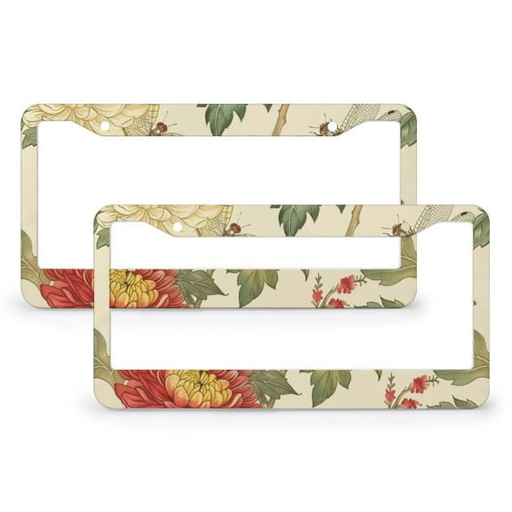 License Plate Cover Dragonfly And Chrysanthemum License Plate Frames Cover Holders 2 Pieces Wild Flower Plants Dragonfly Summer Aluminum Metal License Plate Frames for Men/Women