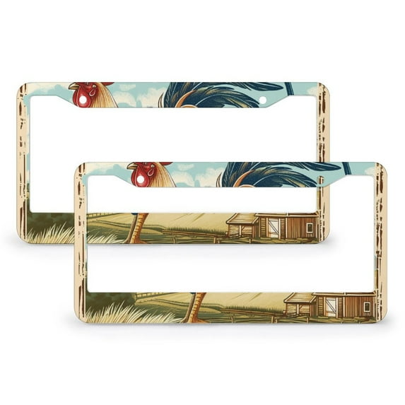 License Plate Cover Rooster Standing On The Edge With An Old Barn Car License Plate Frame 2 Pieces Vintage Farm Chicken Metal License Plate Frames for Women Men US Vehicles