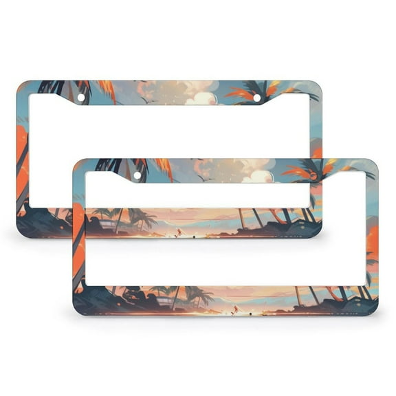 License Plate Cover Sunset in Paradise Auto Car Accessories Tag 2 PCS Sunset Tropical Ocean Palm Tree Summer Orange Sky Landscape Aluminum Metal License Plate Frames for Girl Women Men Vehicles