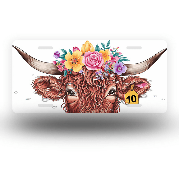 License Plate,Cow with Colorful Flower Crown and Tag "10" Decorative Front,Personalized Stainless Steel License Plate Cover For Men Women,12.2" X 6.2"