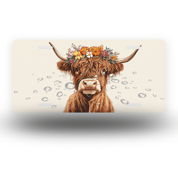 License Plate,Cow with Orange Flower Crown on Light Background Decorative Front,Personalized Stainless Steel License Plate Cover For Men Women,12.2" X 6.2"