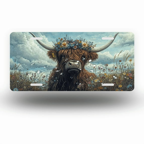 License Plate,Cow with Flower Crown and Cloudy Sky Decorative Front,Personalized Stainless Steel License Plate Cover For Men Women,12.2" X 6.2"