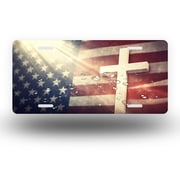 License Plate,Cross on American Flag with Sunlight Decorative Front,Personalized Stainless Steel License Plate Cover For Men Women,12.2 X 6.2