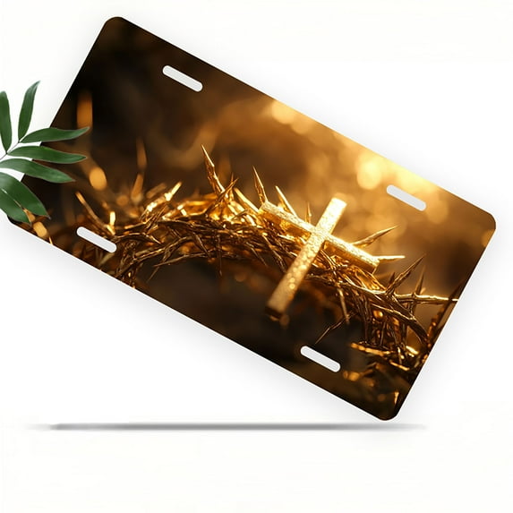 License Plate, Cross on Crown of Thorns Decorative Front,Personalized Stainless Steel License Plate Cover For Men Women,12.2" X 6.2"