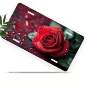 License Plate, Dewy Red Rose Decorative Front,Personalized Stainless Steel License Plate Cover For Men Women,12.2" X 6.2"