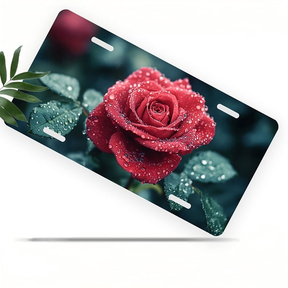 License Plate, Dewy Red Rose Decorative Front,Personalized Stainless Steel License Plate Cover For Men Women,12.2" X 6.2"