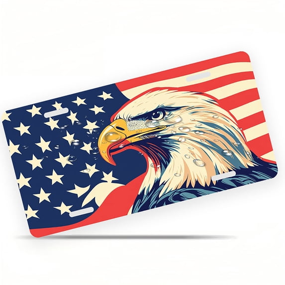 License Plate, Eagle Profile with American Flag Decorative Front,Personalized Stainless Steel License Plate Cover For Men Women,12.2" X 6.2"
