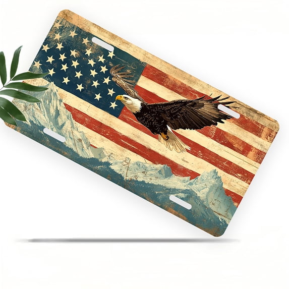 License Plate, Eagle over American Flag and Mountains Decorative Front,Personalized Stainless Steel License Plate Cover For Men Women,12.2" X 6.2"