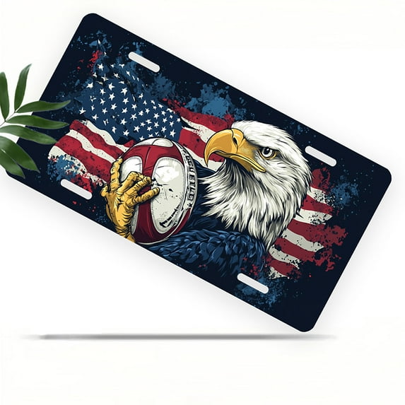 License Plate, Eagle with Rugby Ball Decorative Front,Personalized Stainless Steel License Plate Cover For Men Women,12.2" X 6.2"