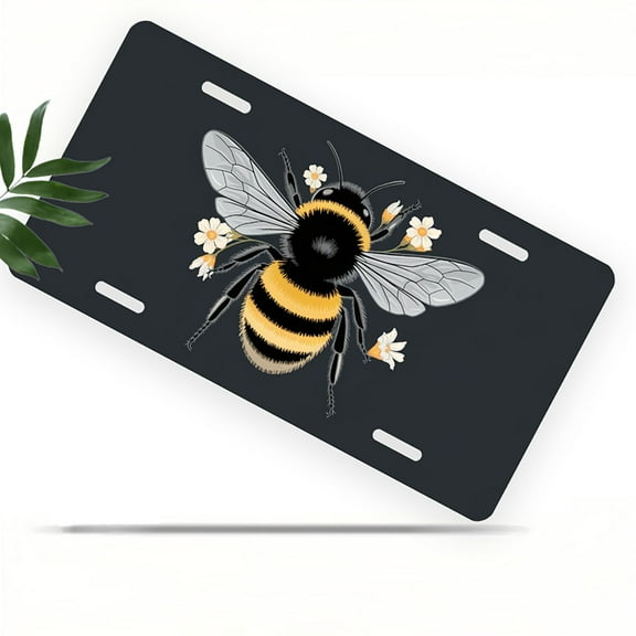 License Plate, Floral Bumblebee Decorative Front,Personalized Stainless Steel License Plate Cover For Men Women,12.2" X 6.2"