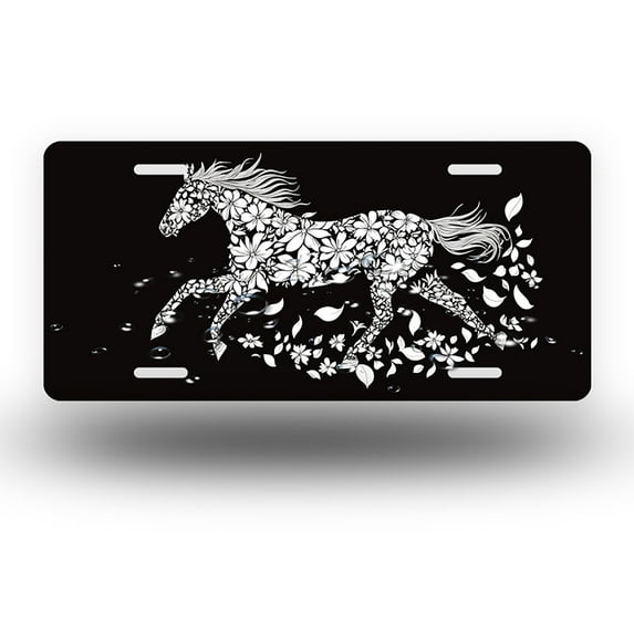 License Plate,Floral Horse Silhouette Decorative Front,Personalized Stainless Steel License Plate Cover For Men Women,12.2" X 6.2"