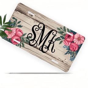 License Plate, Floral Monogram SMK Decorative Front,Personalized Stainless Steel License Plate Cover For Men Women,12.2" X 6.2"
