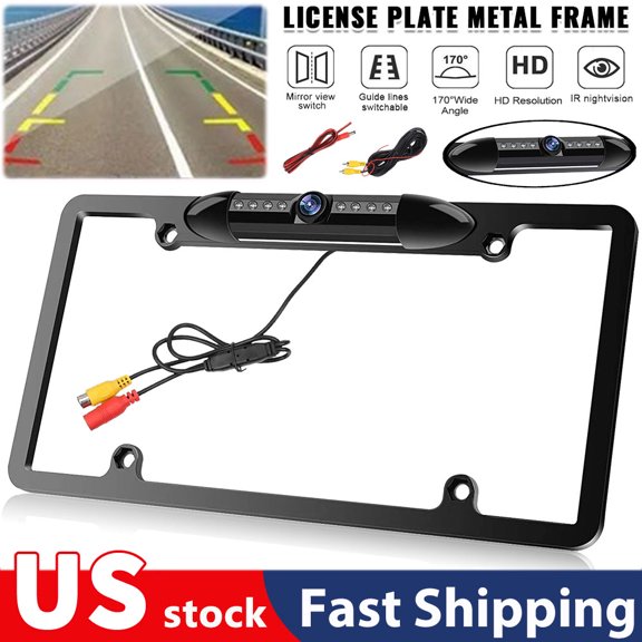 License Plate Frame Backup Camera, 170 Wide Angle HD CMOS Rear View Reverse Camera, 8 LED Night Vision, IP67 Waterproof, Switchable Parking Guidelines, Adjustable Lens Universal RCA Camera